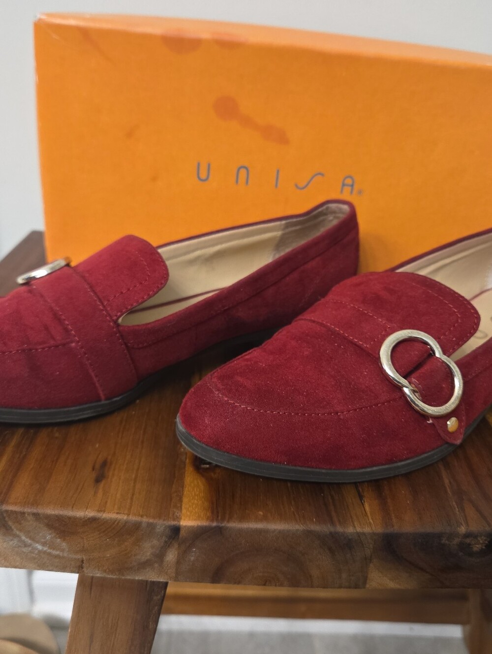 Unisa Burgundy Suede Loafers with Silver Ring Accent